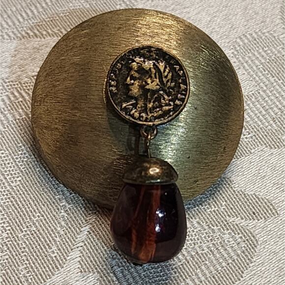 Vintage 80s Gold Tone Brooch with Coin and Brown Stone Accent - Picture 6 of 8